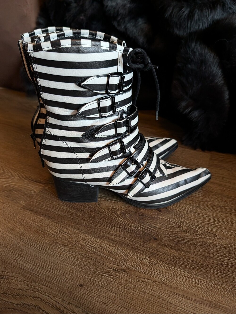 Strange Cvlt Black And White Stripe Coven Heeled Boots Size 7